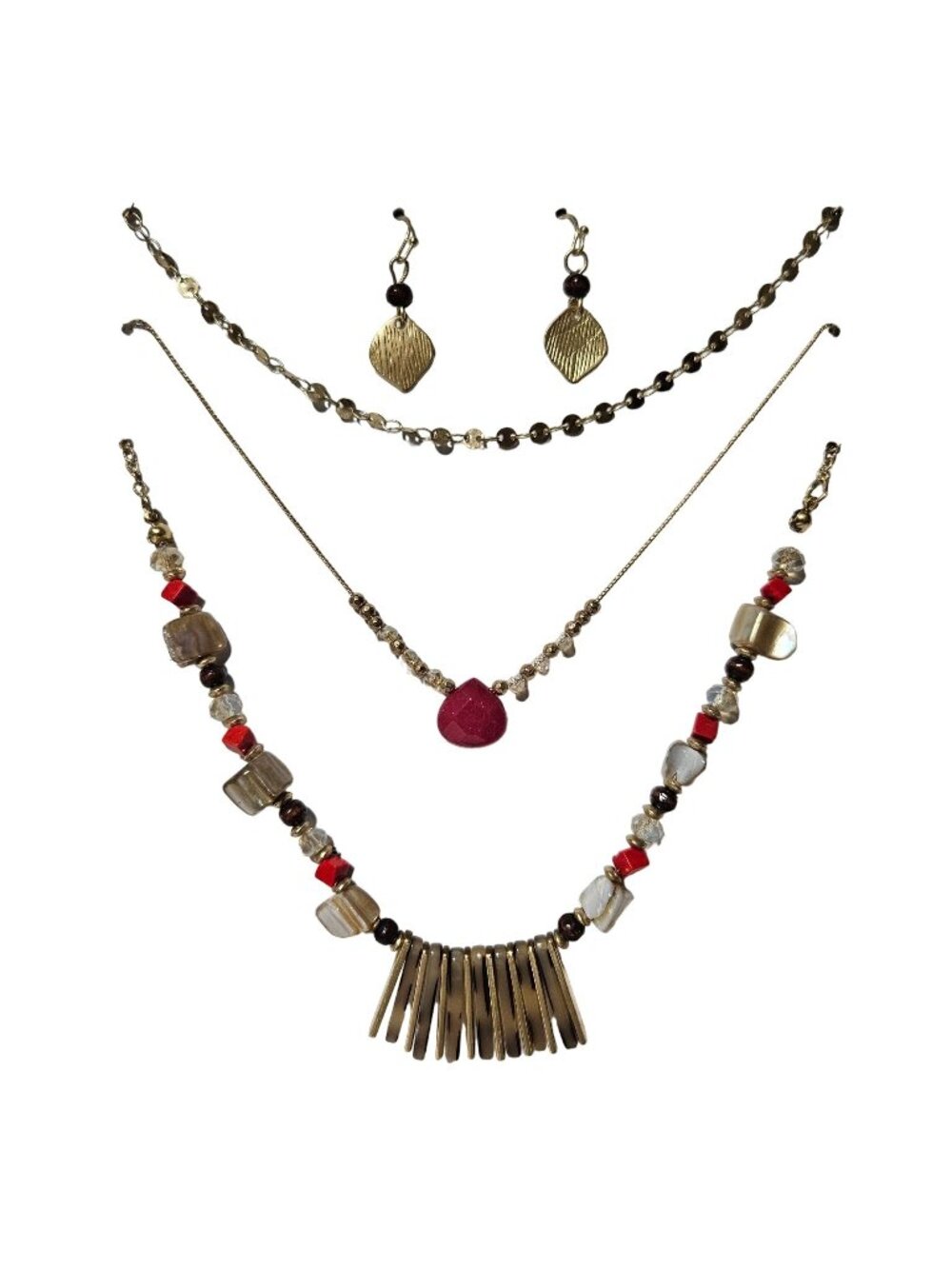 Genuine Stone Shell Glass Multi Strand Necklace Earrings Set Fashion Jewelry